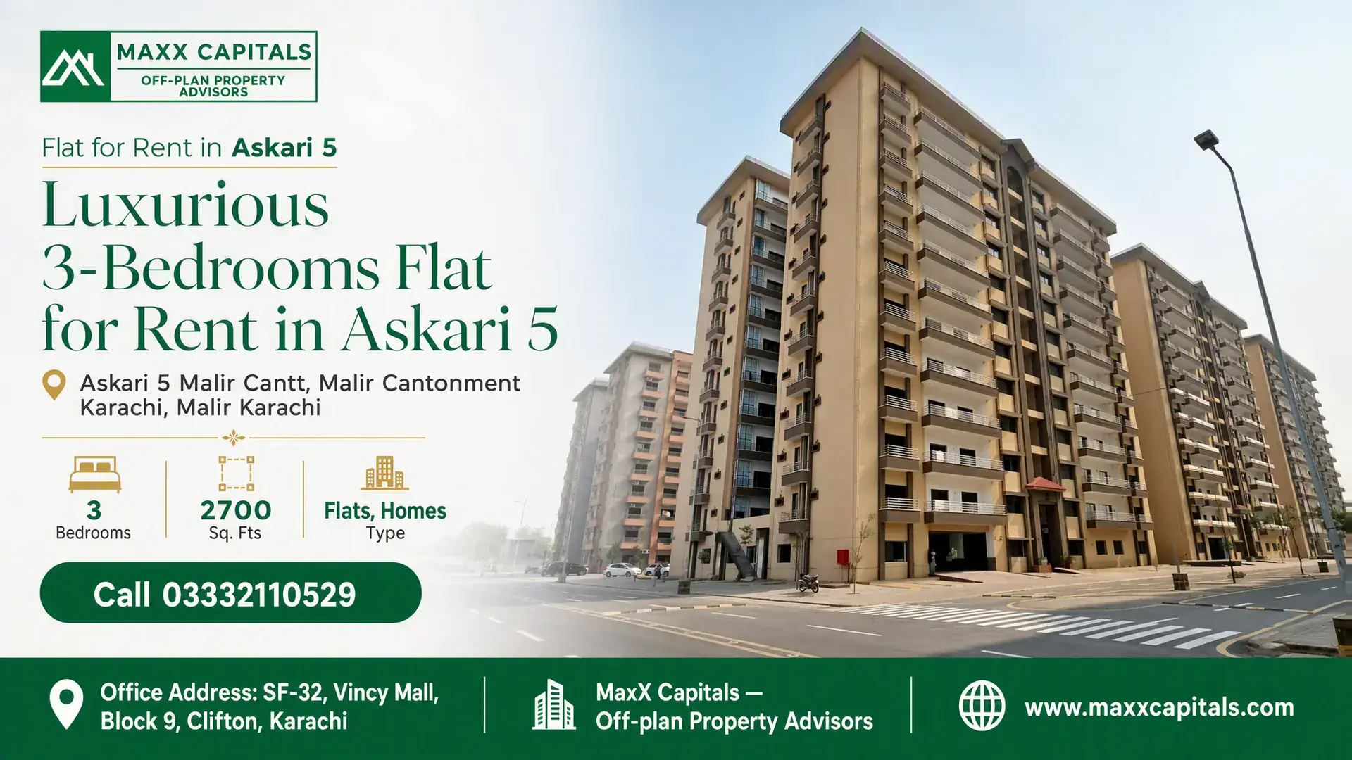 Luxurious 3-Bedrooms Flat for Rent in Askari 5 Karachi Elegant apartment buildings in Askari 5 Karachi with multiple balconies and a clean street in front.