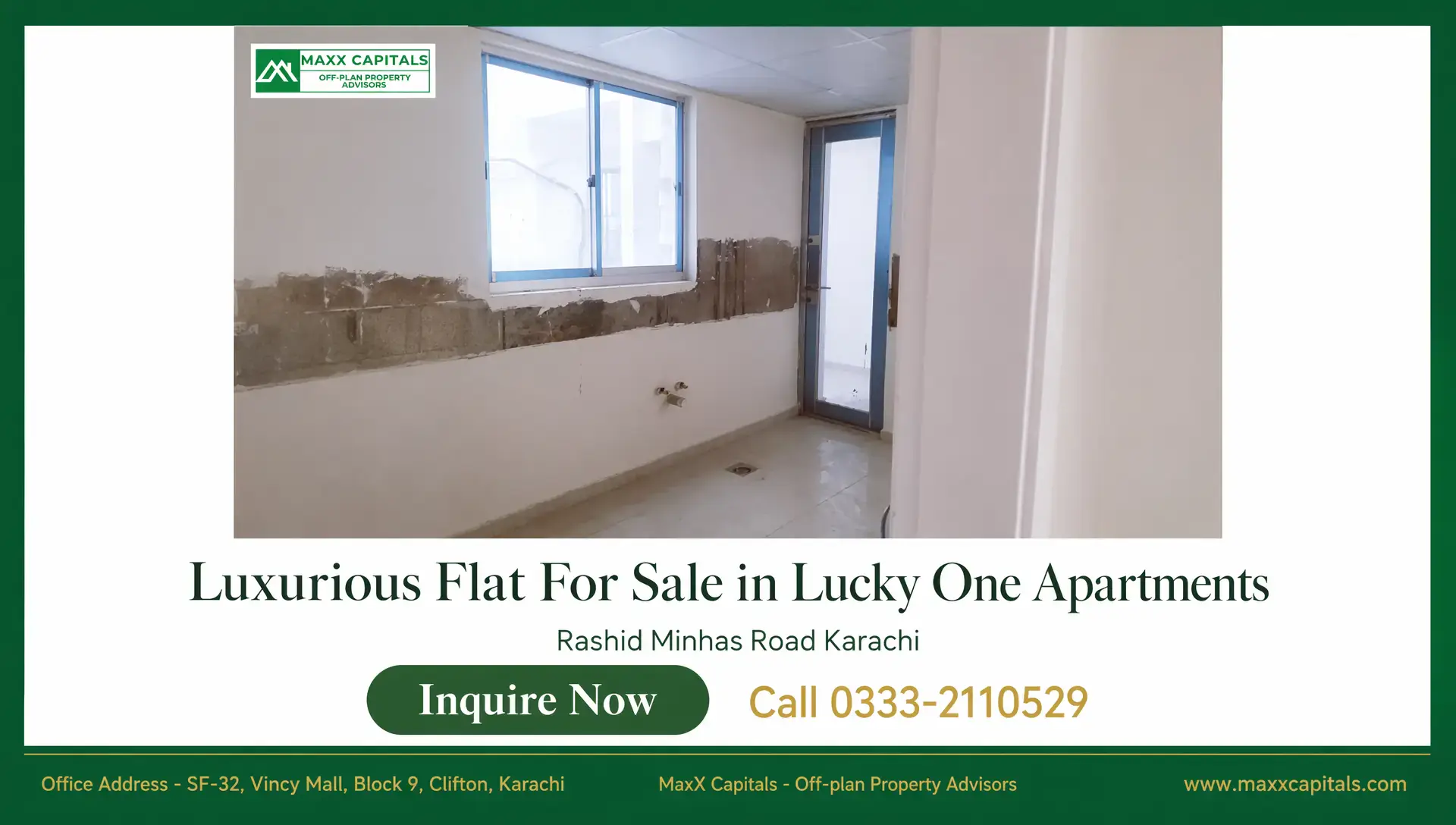 Luxurious 3-Bedroom Flat For Sale in Lucky One Apartments Unfinished apartment utility room in Lucky One Apartments with tiled floor, window, and wall fittings