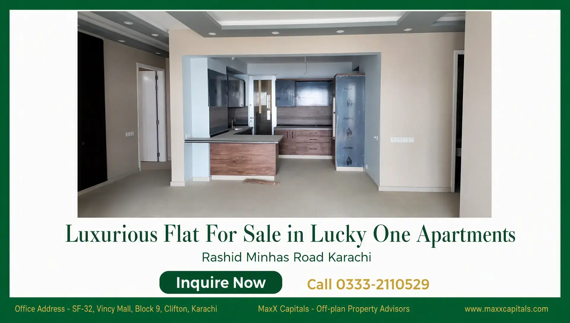 Luxurious 3-Bedroom Flat For Sale in Lucky One Apartments Open-plan kitchen and living area in a flat for sale in Lucky One Apartments, Karachi