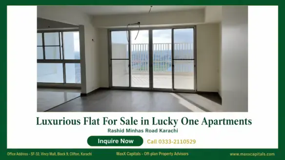 Spacious flat interior in Lucky One Apartments with large sliding glass doors and balcony views.