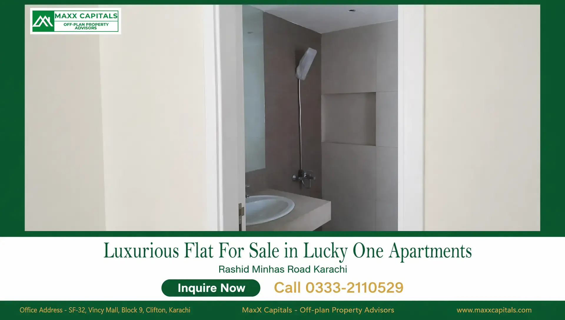 Luxurious 3-Bedroom Flat For Sale in Lucky One Apartments Compact bathroom in Lucky One Apartments flat with wall-mounted shower, sink, and tiled finishes