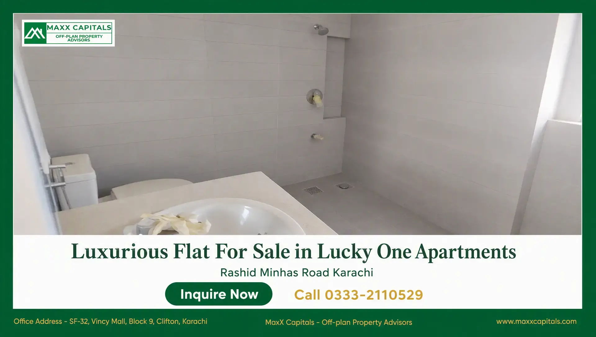 Luxurious 3-Bedroom Flat For Sale in Lucky One Apartments Modern tiled bathroom in Lucky One Apartments flat with vanity sink, toilet, shower area, and neutral finishes.