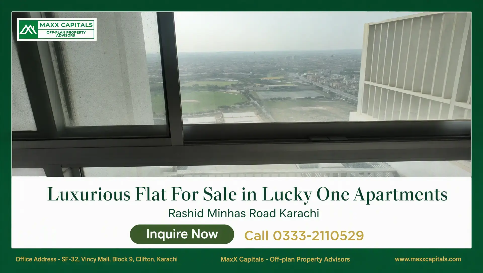 Luxurious 3-Bedroom Flat For Sale in Lucky One Apartments High-rise apartment window view over Karachi from a flat in Lucky One Apartments