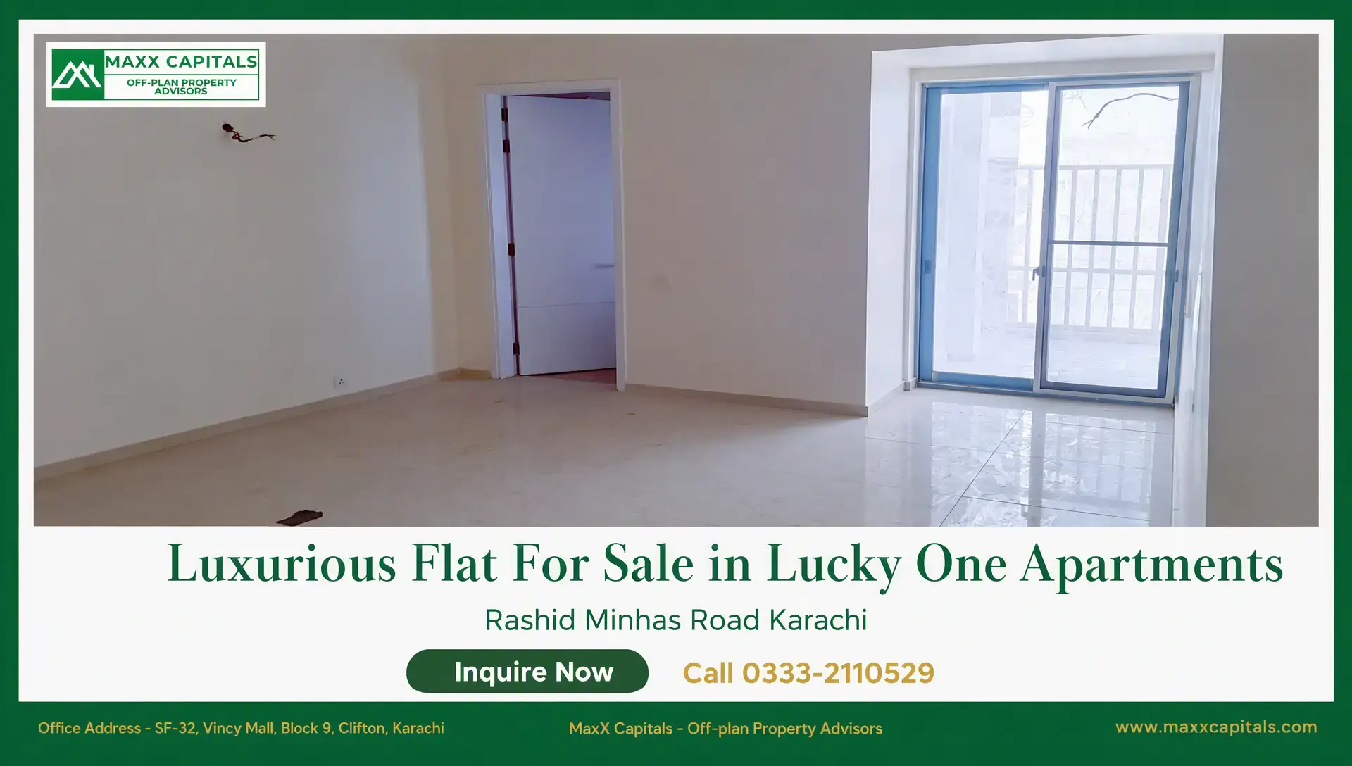 Luxurious 3-Bedroom Flat For Sale in Lucky One Apartments Empty flat in Lucky One Apartments with tiled floor, white walls, doorway, and sliding glass balcony door