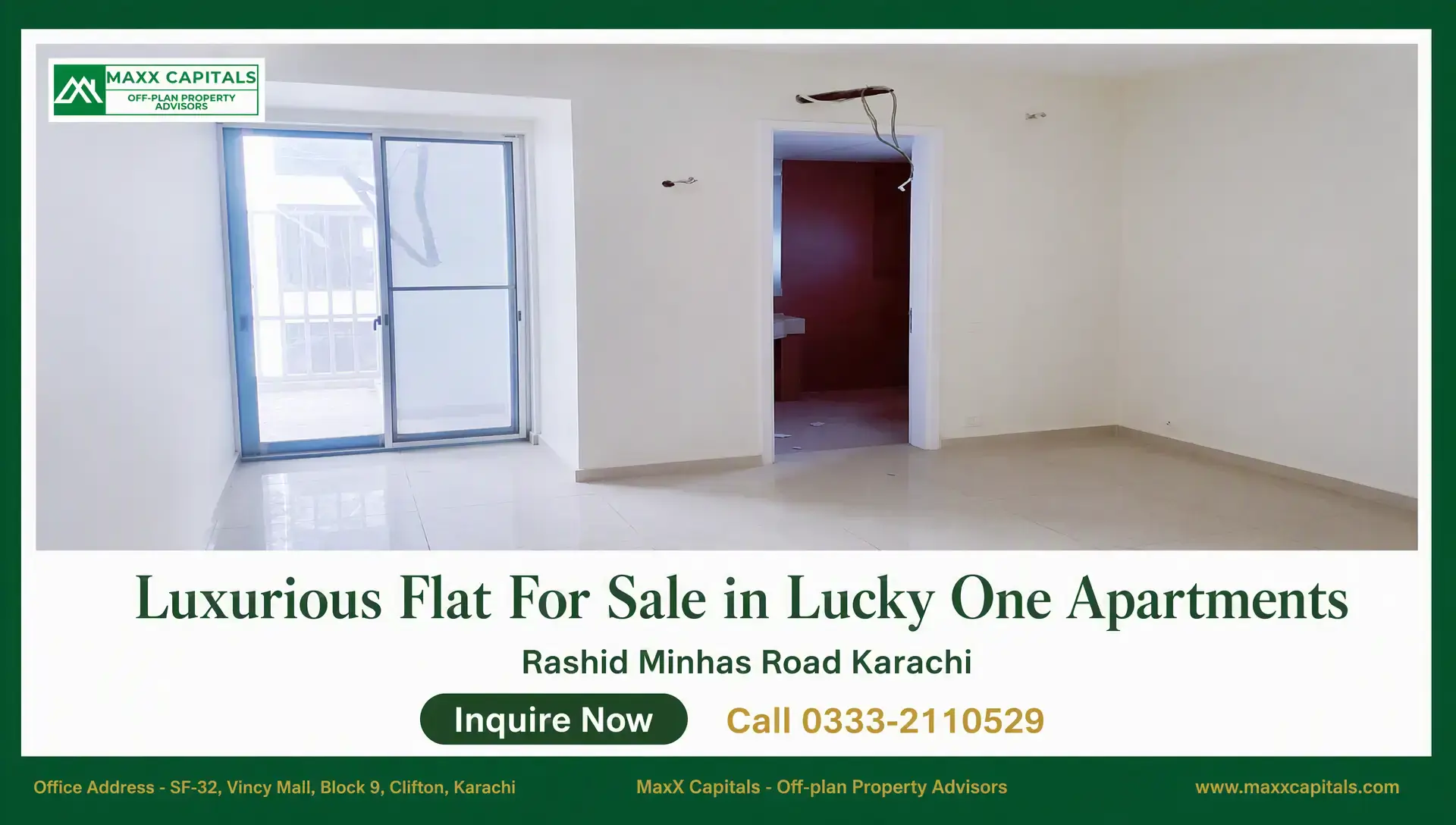 Luxurious 3-Bedroom Flat For Sale in Lucky One Apartments Empty flat interior in Lucky One Apartments with tiled floor, sliding glass door, and doorway to another room