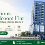 Modern High-Rise Building Of Clifton Marina Block 7 Featuring Multiple Balconies, Luxury Flats, And Premium Architecture.