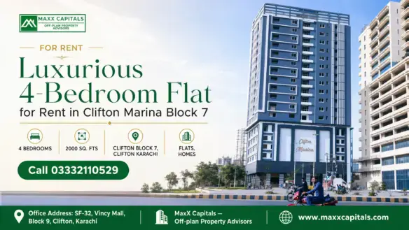 Modern High-Rise Building Of Clifton Marina Block 7 Featuring Multiple Balconies, Luxury Flats, And Premium Architecture.