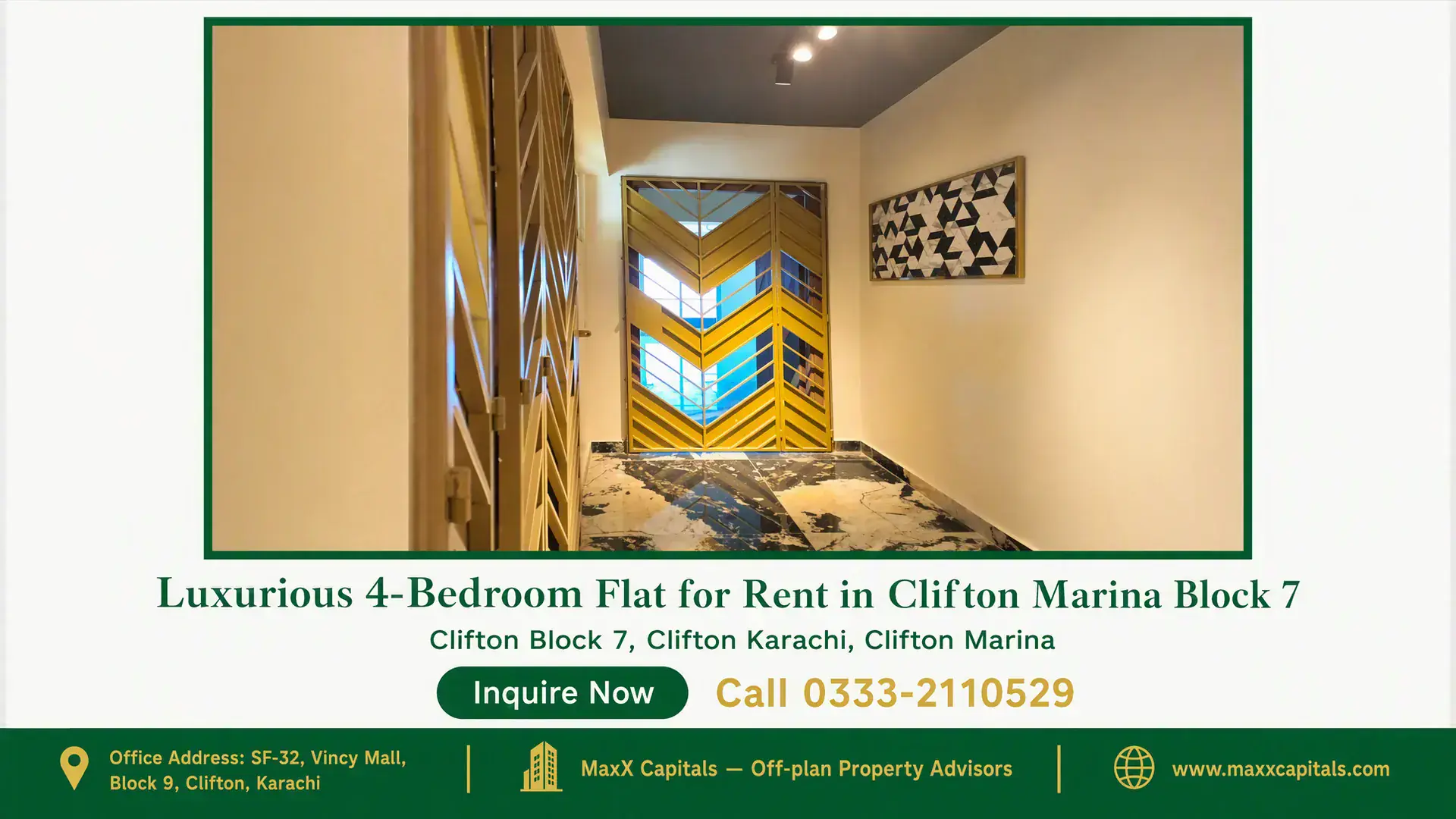 Luxurious 4-Bedroom Flat for Rent in Clifton Marina Block 7 Well-lit entrance hallway with chevron-patterned golden grille door, marble flooring, and modern geometric artwork in Clifton