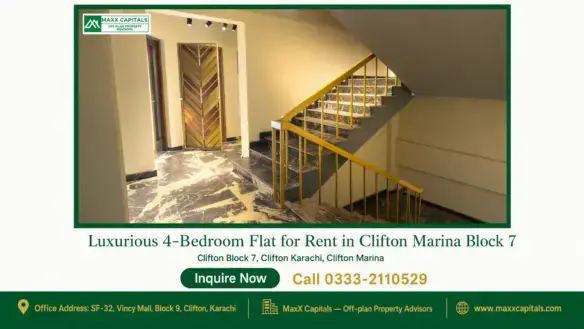 Elegant staircase with marble flooring and golden railing in a luxury flat for rent in Clifton Marina Block 7.