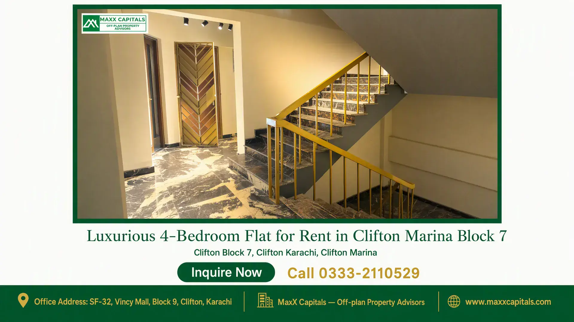 Luxurious 4-Bedroom Flat for Rent in Clifton Marina Block 7 Elegant staircase with marble flooring and golden railing in a luxury flat for rent in Clifton Marina Block 7.
