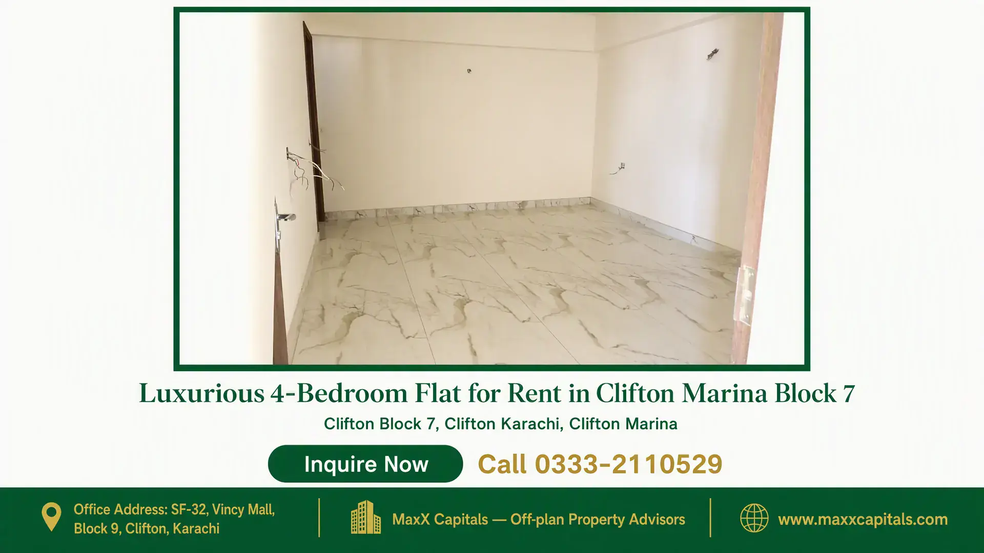 Luxurious 4-Bedroom Flat for Rent in Clifton Marina Block 7 Spacious room with large marble flooring in a luxury flat for rent in Clifton Marina Block 7, Karachi.
