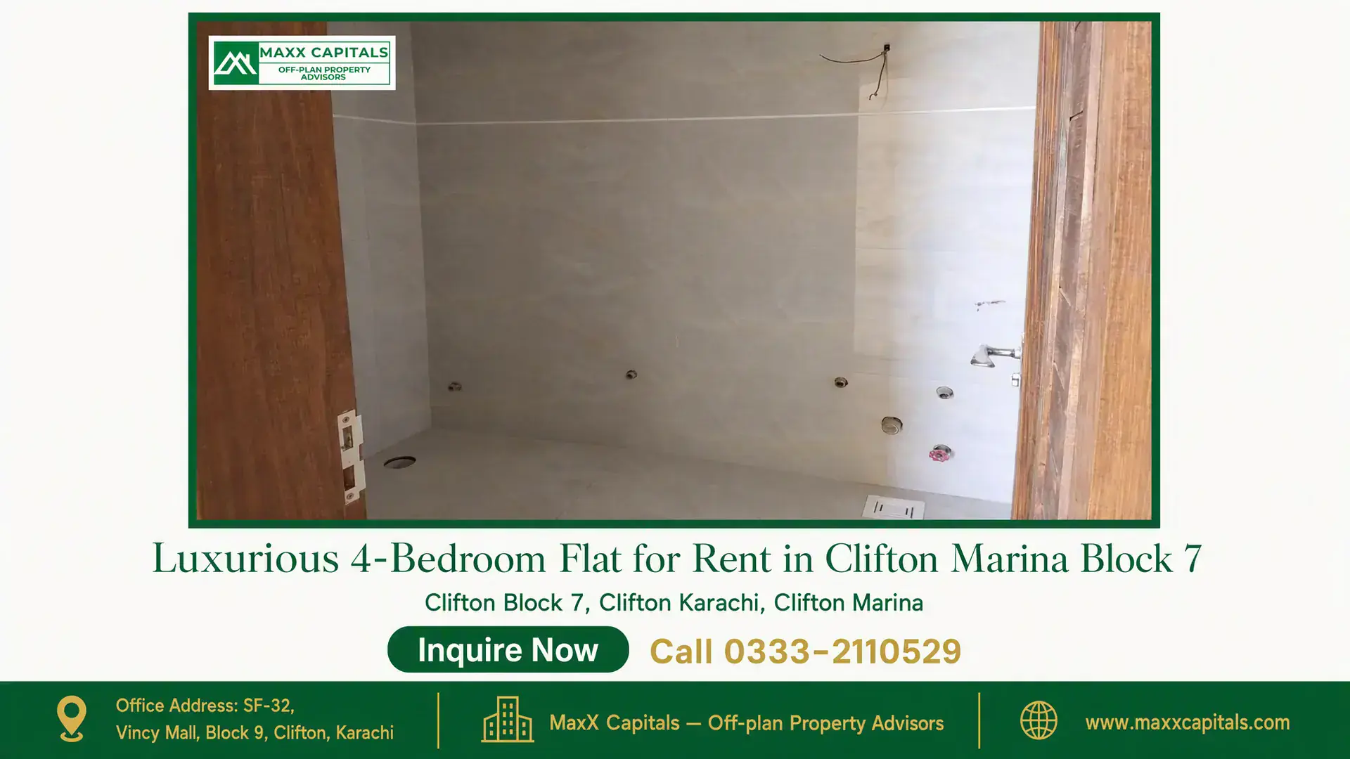 Luxurious 4-Bedroom Flat for Rent in Clifton Marina Block 7 Spacious tiled bathroom under construction with modern fittings in a luxury flat for rent in Clifton Marina.