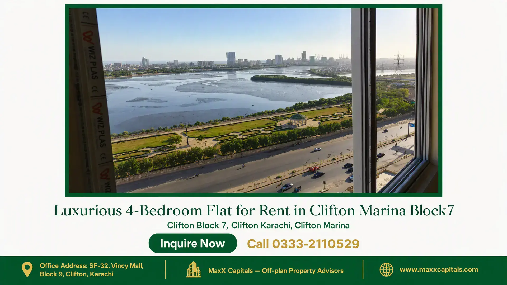 Luxurious 4-Bedroom Flat for Rent in Clifton Marina Block 7 Expansive cityscape view from a high-rise flat in Clifton Marina overlooking the waterfront and landscaped park.