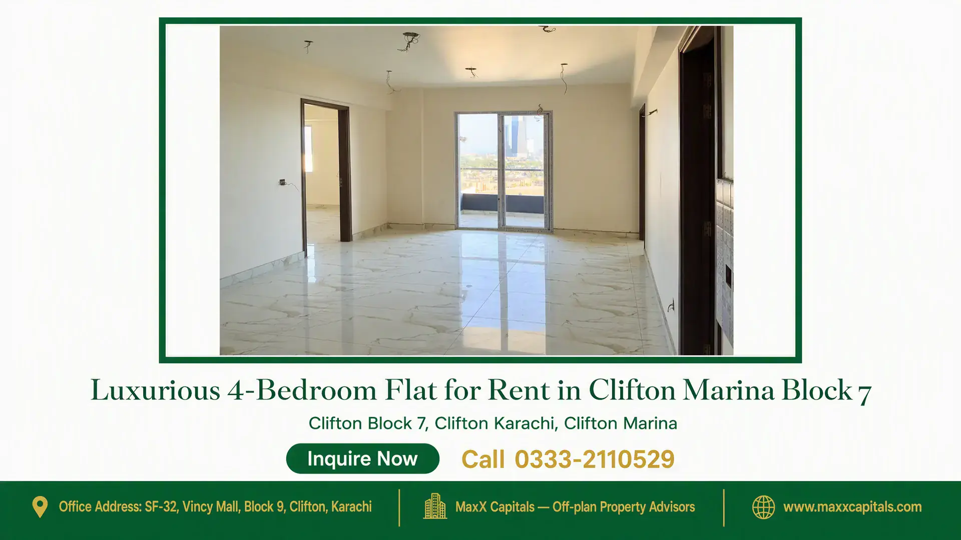 Luxurious 4-Bedroom Flat for Rent in Clifton Marina Block 7 Spacious living area with marble flooring, large windows, and a balcony view in a 4-bedroom flat for rent in Clifton Marina.