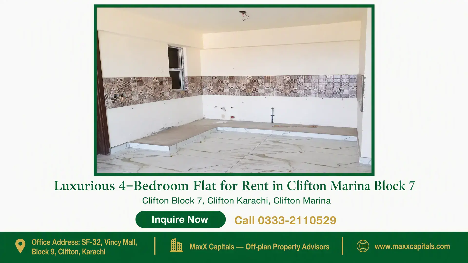 Luxurious 4-Bedroom Flat for Rent in Clifton Marina Block 7 Spacious kitchen space in a luxury flat with patterned tiled backsplash and marble flooring in Clifton Marina Block 7.