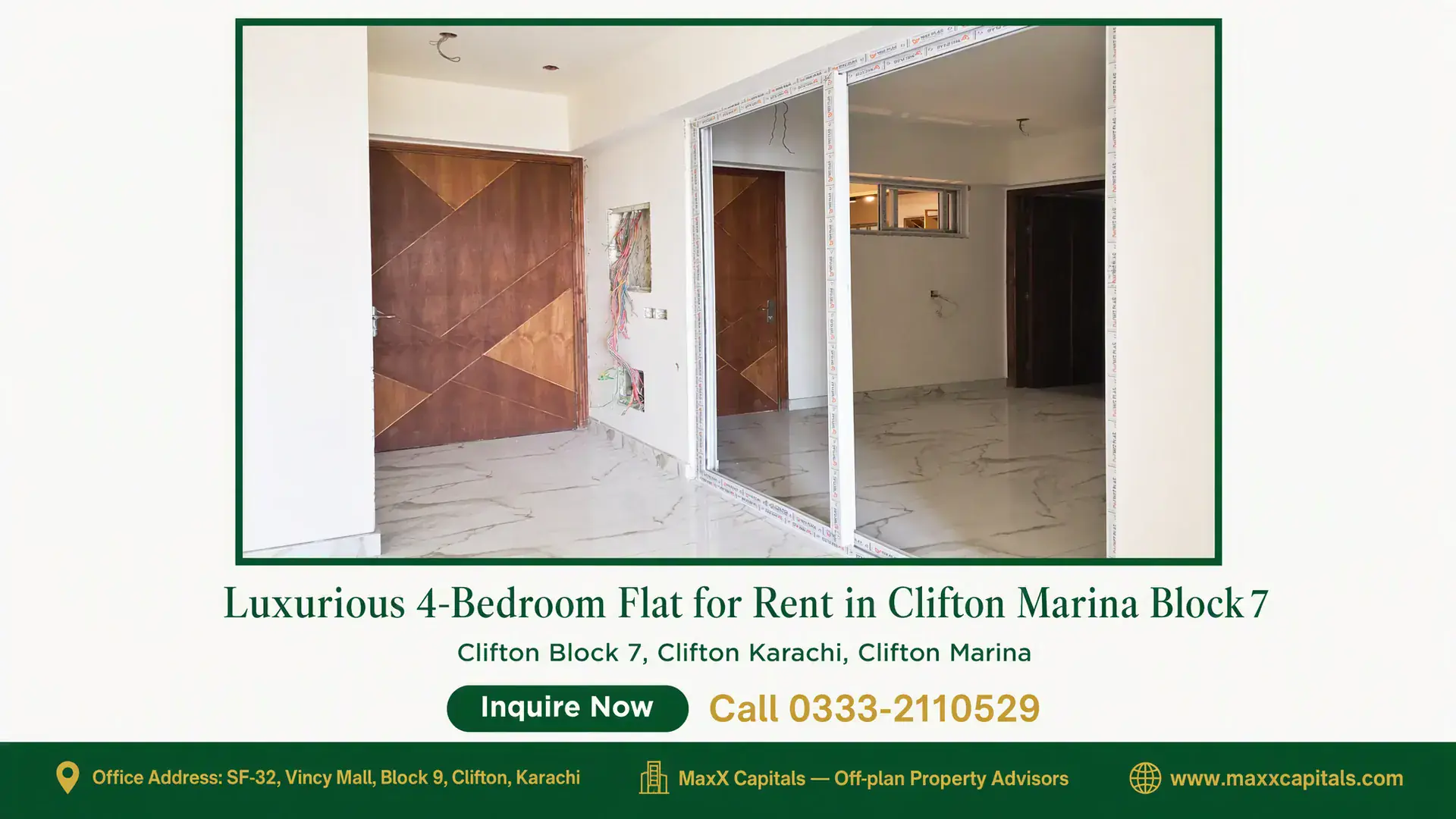 Luxurious 4-Bedroom Flat for Rent in Clifton Marina Block 7 Spacious flat interior in Clifton Marina Block 7 with marble flooring, wooden doors, and large glass walls.