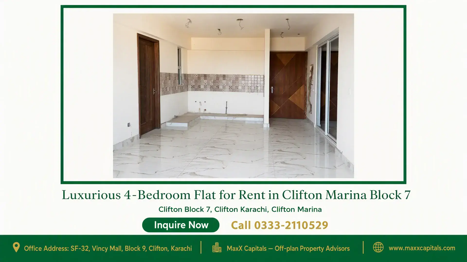 Luxurious 4-Bedroom Flat for Rent in Clifton Marina Block 7 Spacious open-plan area with marble flooring, tiled backsplash, and wooden doors in a flat for rent in Clifton Marina Block 7