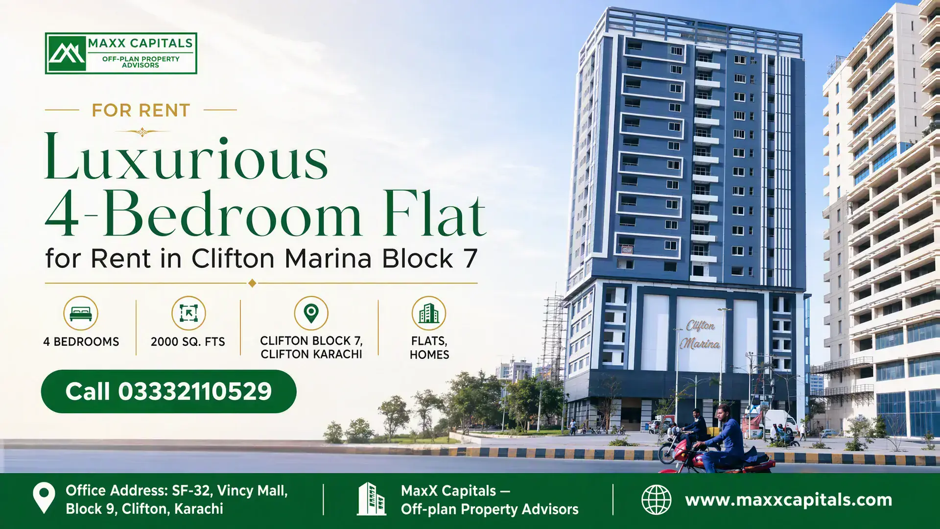 Luxurious 4-Bedroom Flat for Rent in Clifton Marina Block 7 Modern high-rise building of Clifton Marina Block 7 featuring multiple balconies, luxury flats, and premium architecture.