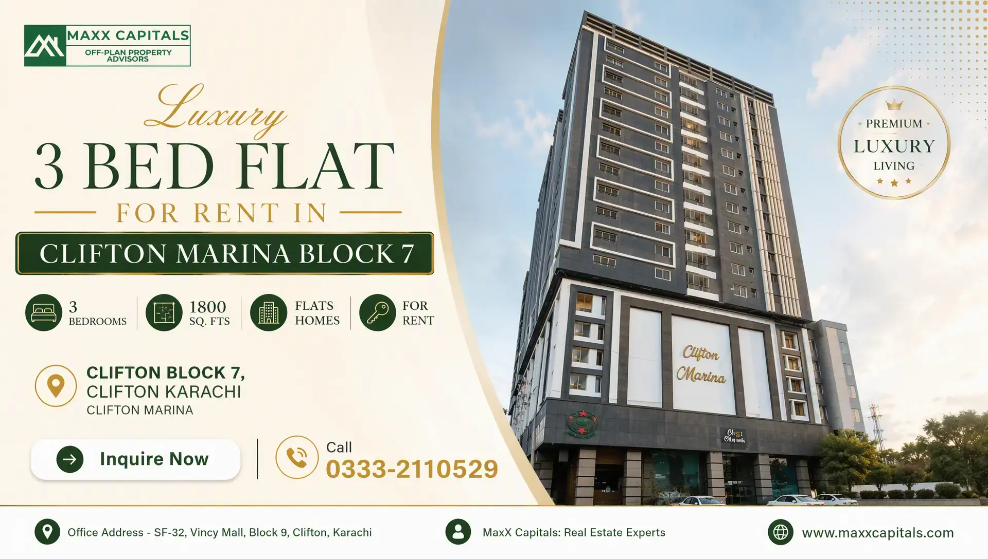Luxury 3 Bed Flat For Rent In Clifton Marina Block 7 Clifton Marina Block 7 high-rise tower facade with balconies and ground-floor retail frontage