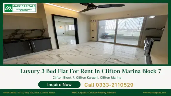 Clifton Marina Block 7 open-plan kitchen with marble-look floors, black cabinetry, and sliding doors to balcony