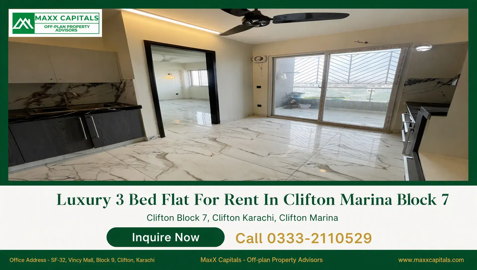 Luxury 3 Bed Flat For Rent In Clifton Marina Block 7 Clifton Marina Block 7 open-plan kitchen with marble-look floors, black cabinetry, and sliding doors to balcony