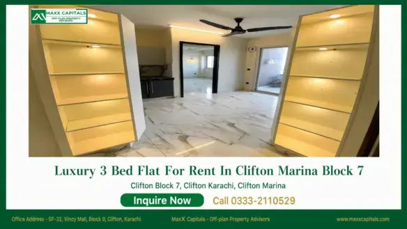 Modern Clifton Marina Block 7 flat interior with marble-look flooring, lit built-in shelves, and ceiling fan