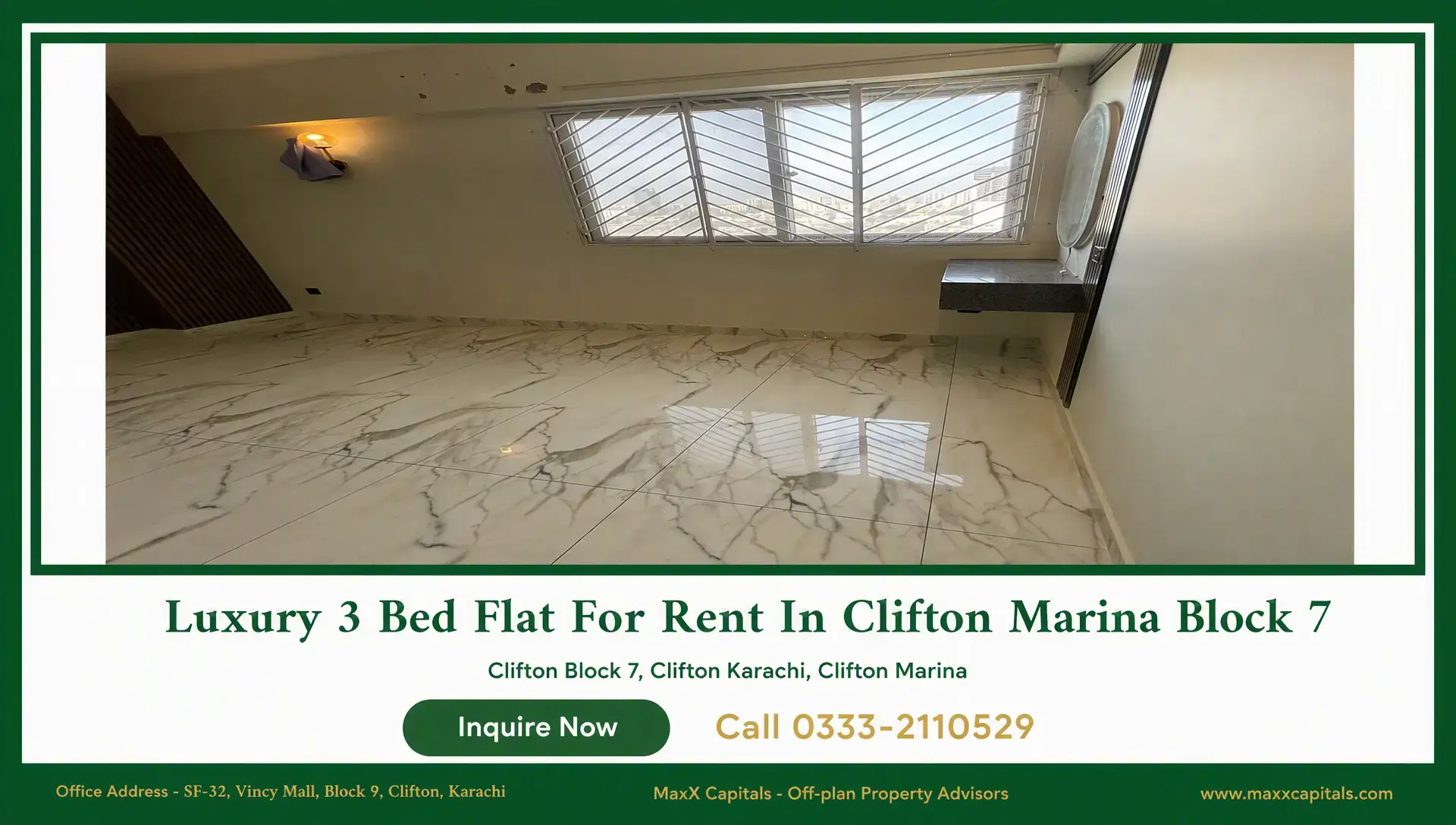 Luxury 3 Bed Flat For Rent In Clifton Marina Block 7 Clifton Marina Block 7 room with glossy marble-look tile, large window, and modern wall lighting