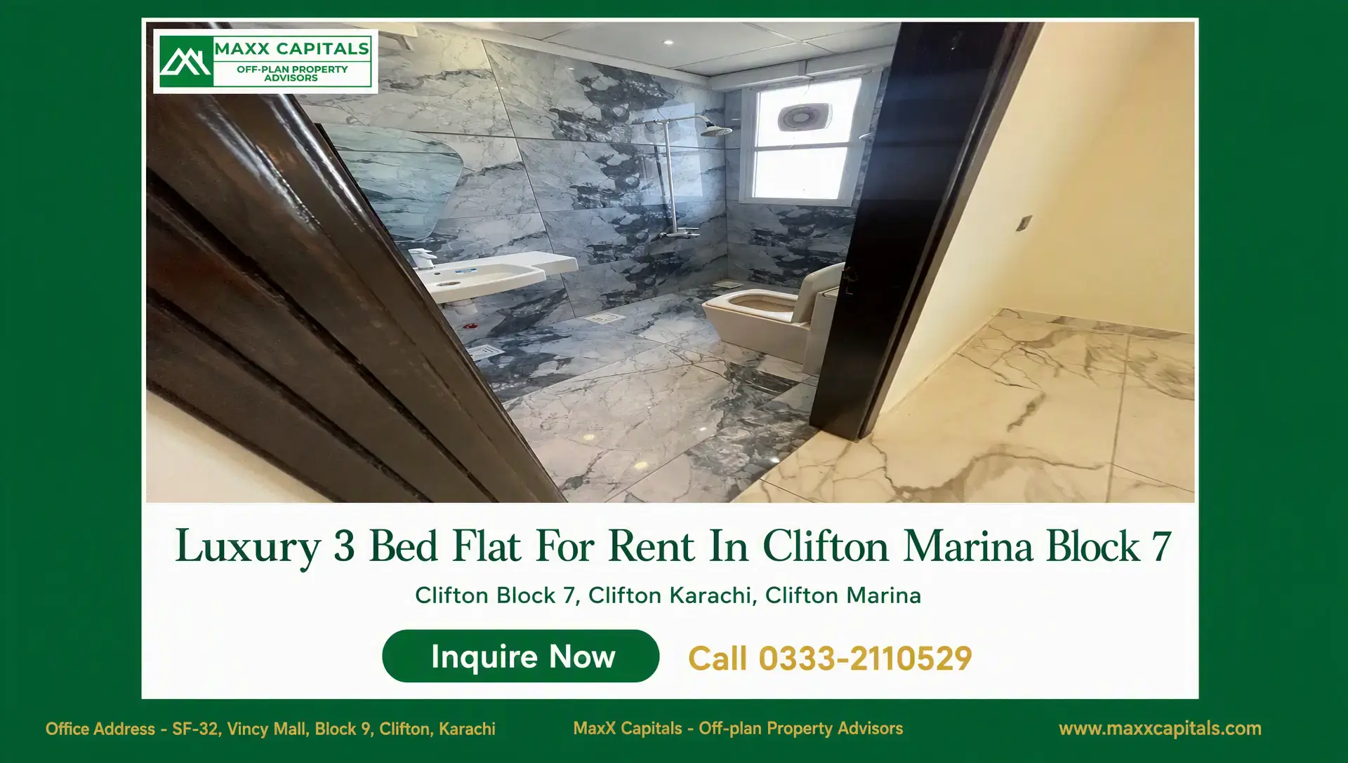 Luxury 3 Bed Flat For Rent In Clifton Marina Block 7 Marble-tiled bathroom in Clifton Marina Block 7 with glass shower, wall-hung sink and toilet