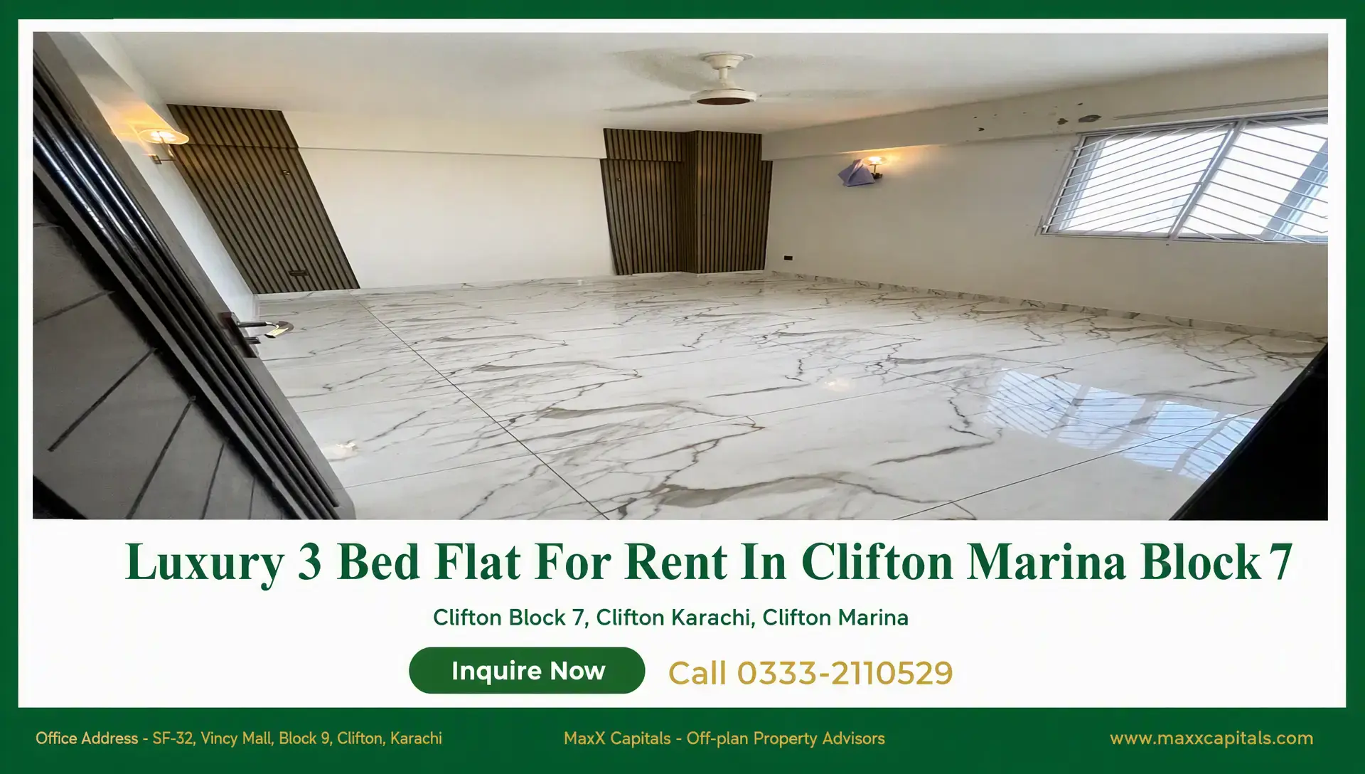 Luxury 3 Bed Flat For Rent In Clifton Marina Block 7 Spacious Clifton Marina Block 7 room with glossy marble-look tiles, slatted accent walls, and barred windows