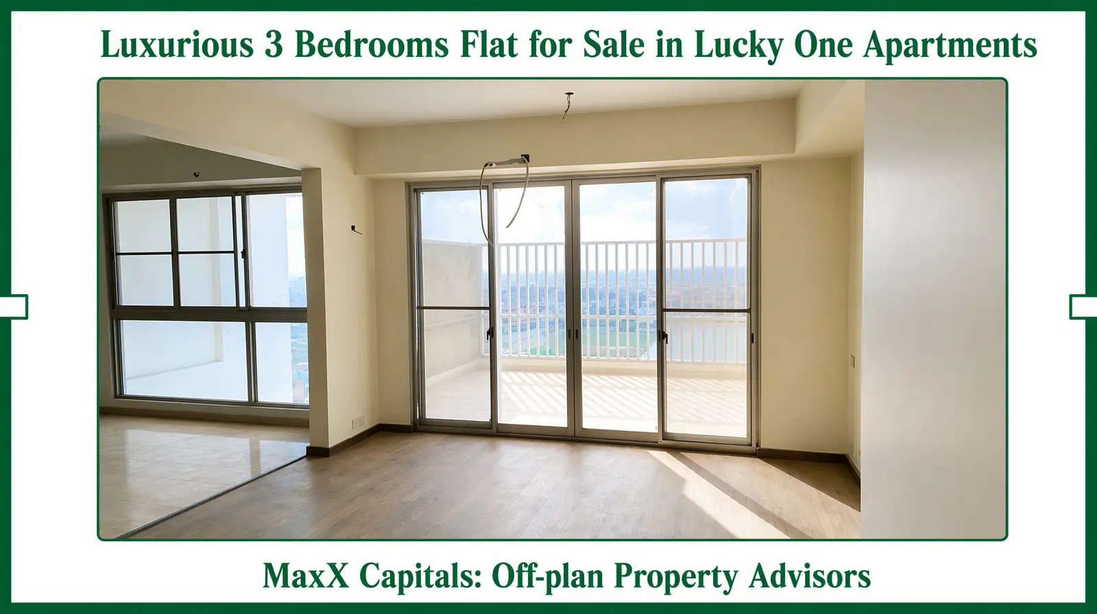 Luxurious 3 Bedrooms Flat for Sale in Lucky One Apartments (10) MaxX Capitals living room in Lucky One apartments flat for sale with sliding glass doors and balcony view