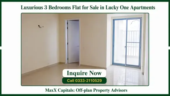 MaxX Capitals empty Lucky One Apartments flat interior with tiled floor, white walls, doorway, and sliding balcony door