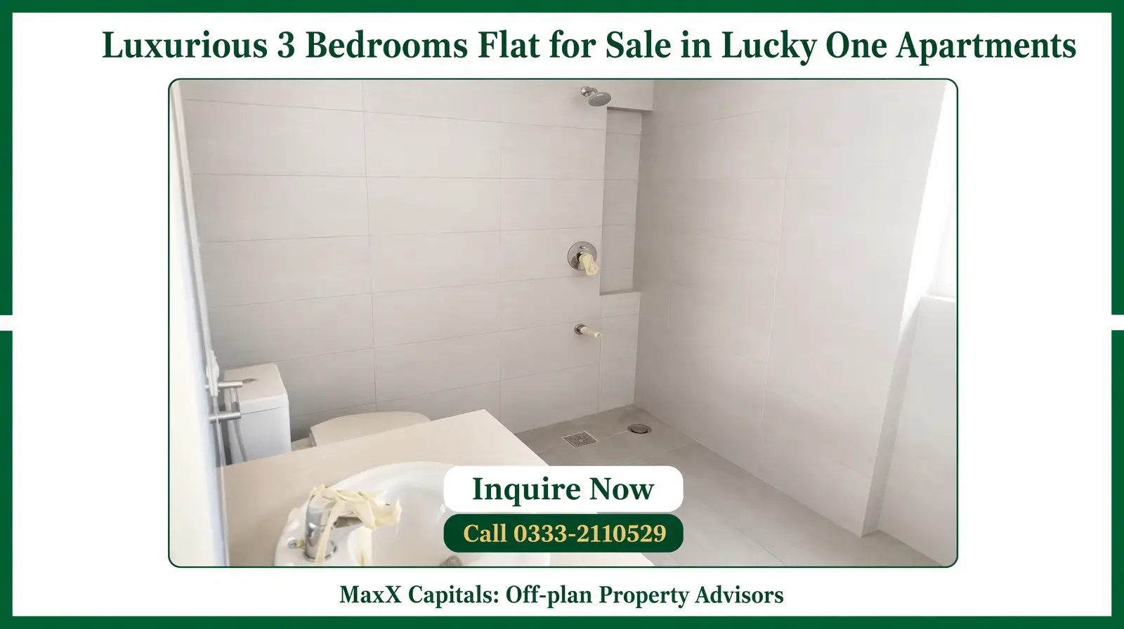 Luxurious 3 Bedrooms Flat for Sale in Lucky One Apartments (4) MaxX Capitals flat for sale in Lucky One apartments bathroom with shower, toilet, and modern tiled walls