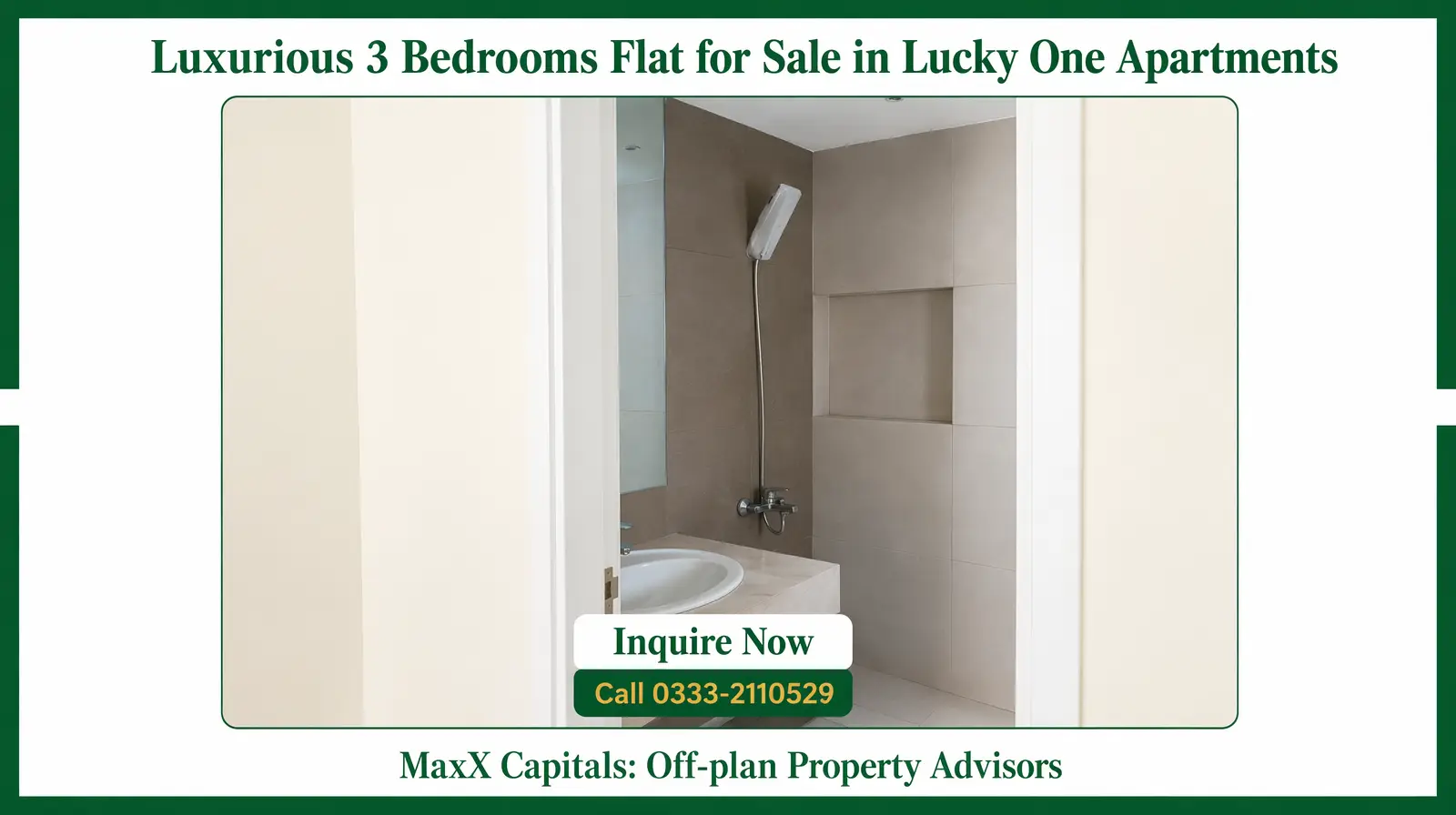 Luxurious 3 Bedrooms Flat for Sale in Lucky One Apartments (5) MaxX Capitals bathroom in Lucky One Apartments flat for sale, with shower, sink, and tiled niche