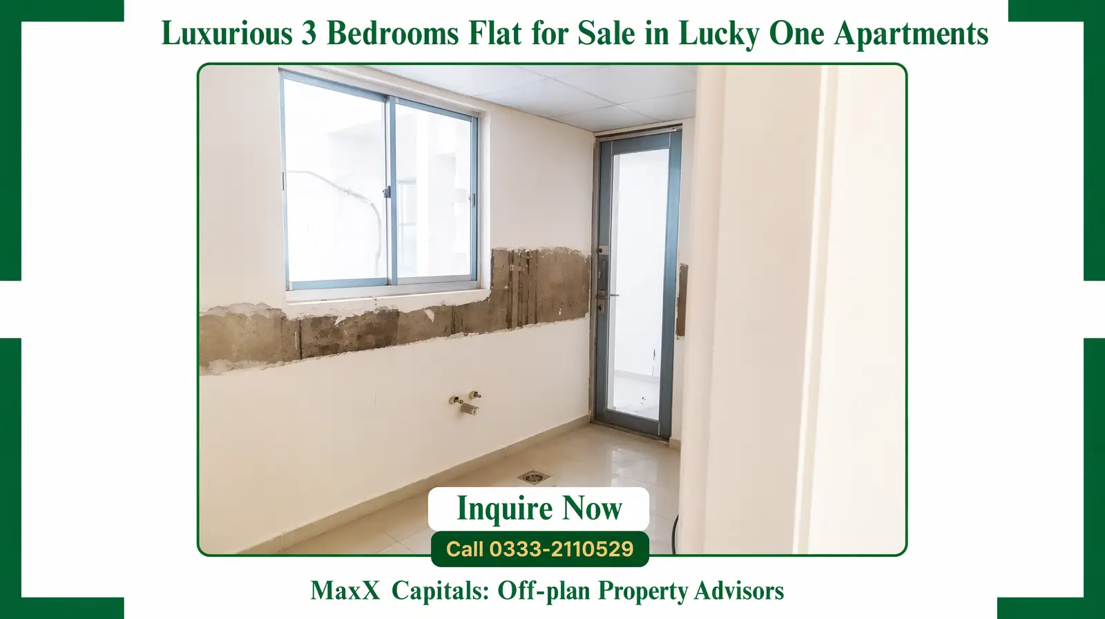 Luxurious 3 Bedrooms Flat for Sale in Lucky One Apartments (7) MaxX Capitals flat for sale in Lucky One apartment laundry area with window, tiled floor, and glass door