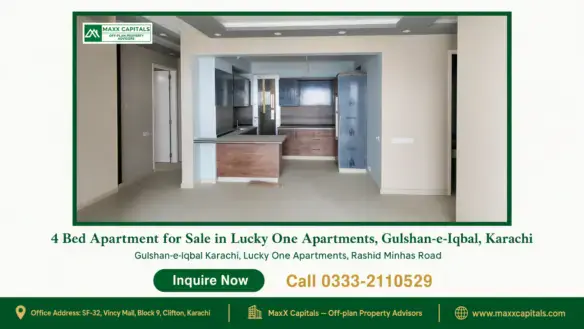 Modern open-style kitchen with wooden cabinets, gray accents, and recessed lighting in Lucky One Apartments for sale.