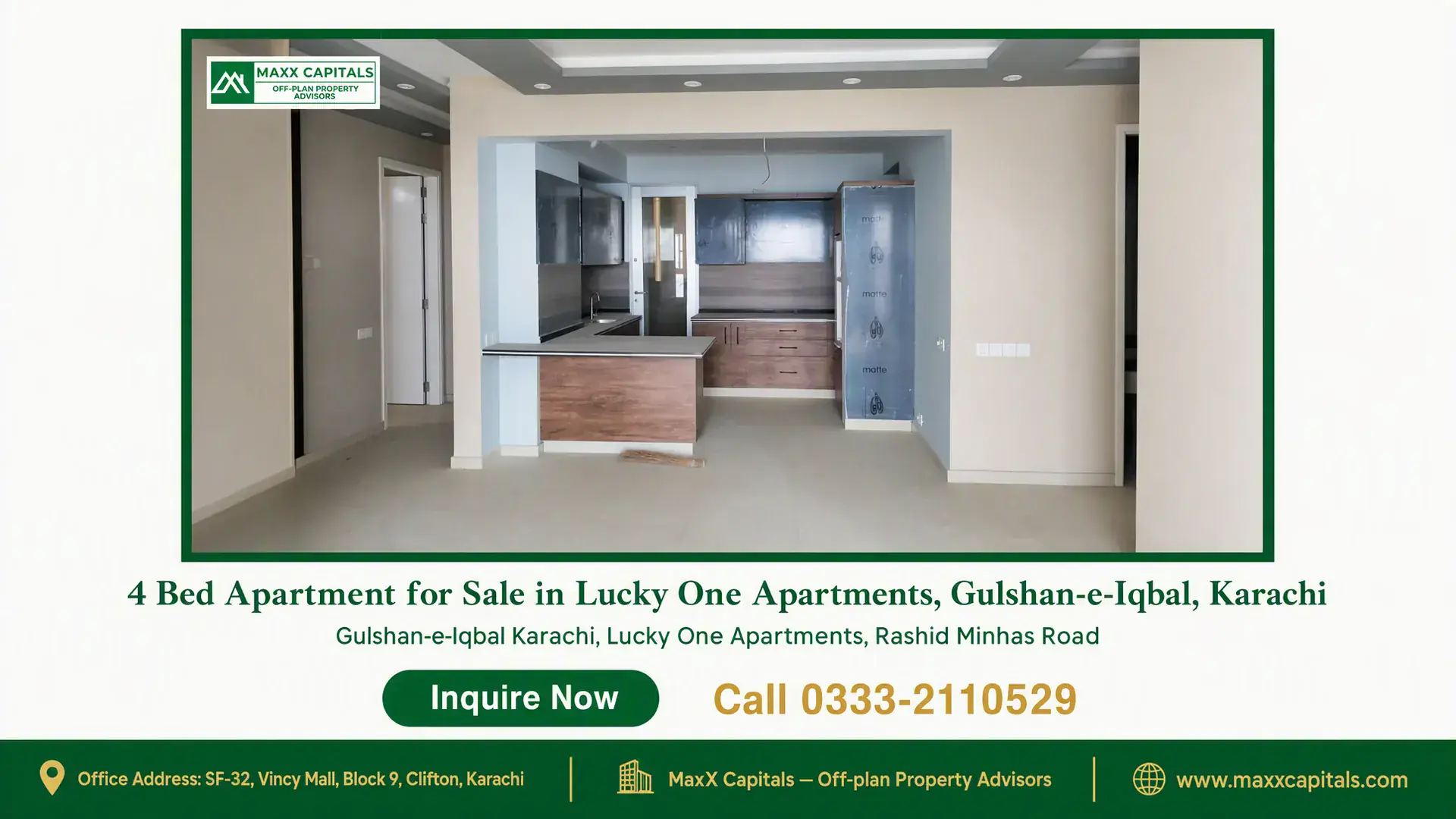 4 Bed Apartment for Sale in Lucky One Apartments, Gulshan-e-Iqbal, Karachi Modern open-style kitchen with wooden cabinets, gray accents, and recessed lighting in Lucky One Apartments for sale.