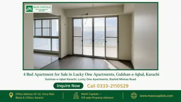 Spacious living area in a 4 bed apartment with large sliding glass doors and city views at Lucky One Apartments, Karachi.