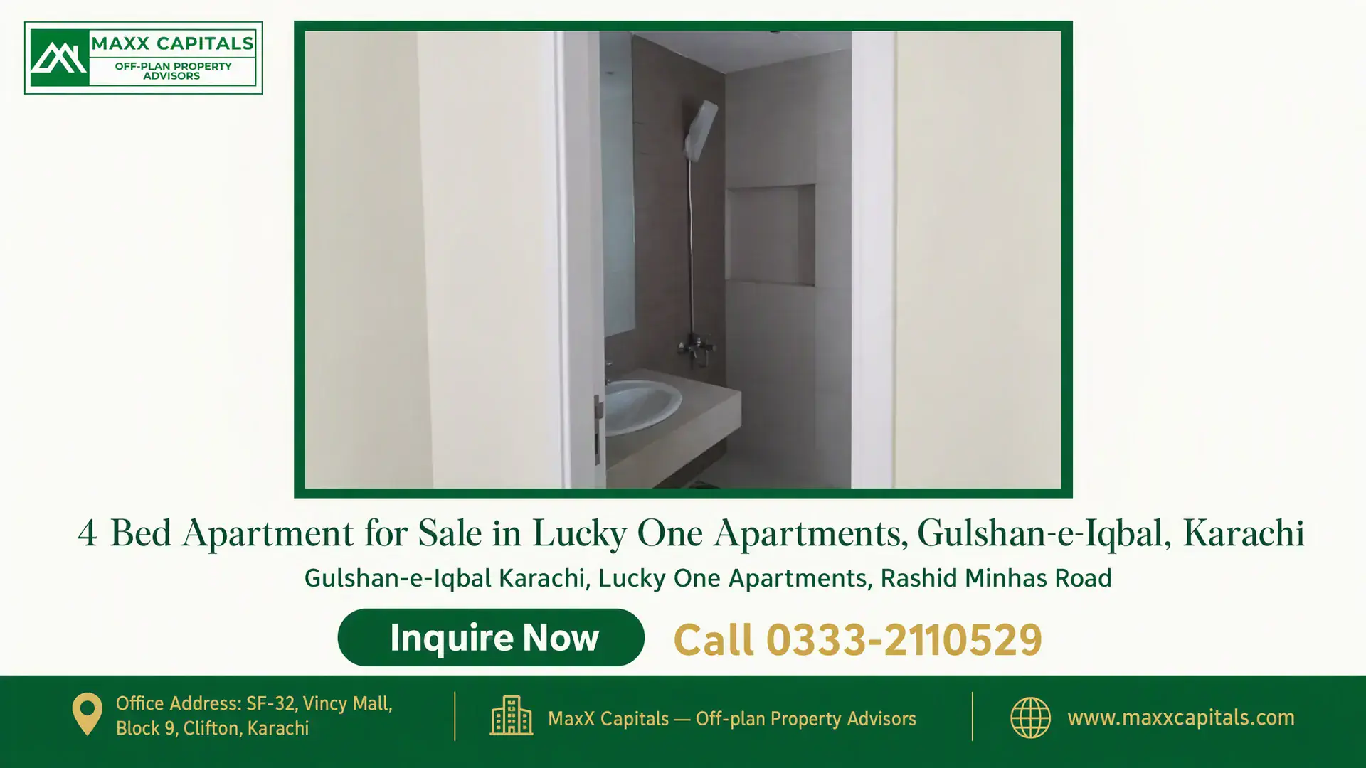 4 Bed Apartment for Sale in Lucky One Apartments, Gulshan-e-Iqbal, Karachi Modern bathroom with a sleek vanity, wall-mounted shower, and neutral tiles in Lucky One Apartments, Karachi.