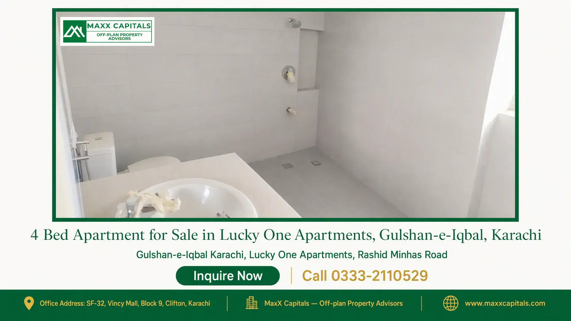 4 Bed Apartment for Sale in Lucky One Apartments, Gulshan-e-Iqbal, Karachi Spacious bathroom with modern white tiles and a sleek countertop in Lucky One Apartments, Gulshan-e-Iqbal, Karachi.