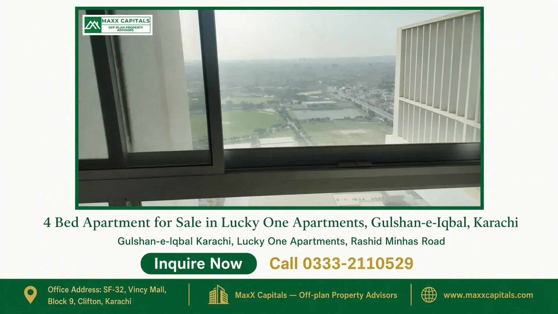 4 Bed Apartment for Sale in Lucky One Apartments, Gulshan-e-Iqbal, Karachi Panoramic cityscape view from a high-rise window at Lucky One Apartments in Gulshan-e-Iqbal, Karachi.