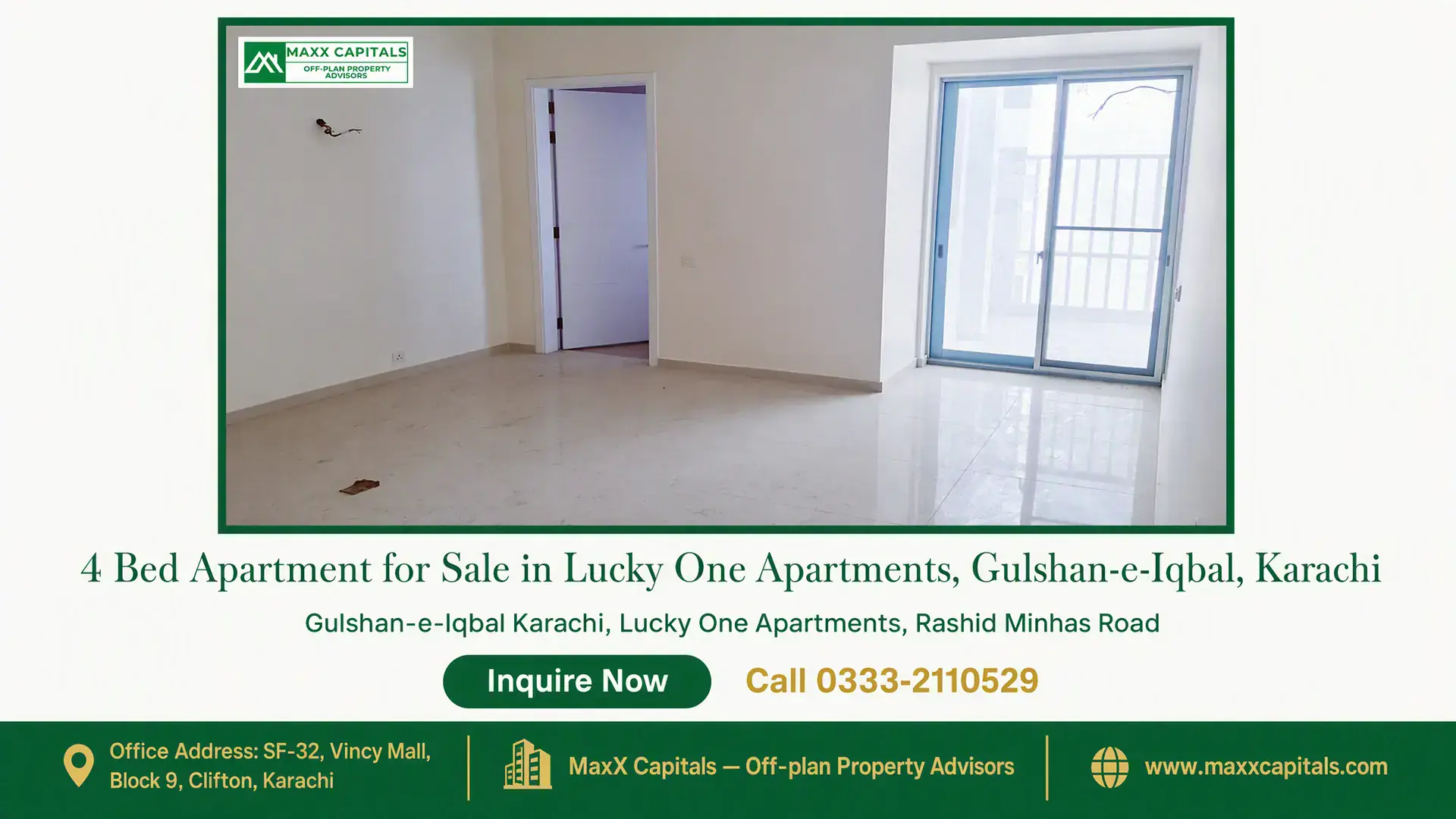 4 Bed Apartment for Sale in Lucky One Apartments, Gulshan-e-Iqbal, Karachi Modern apartment with large tiled floors, a white door, and a spacious sliding glass door in Lucky One Apartments, Karachi.