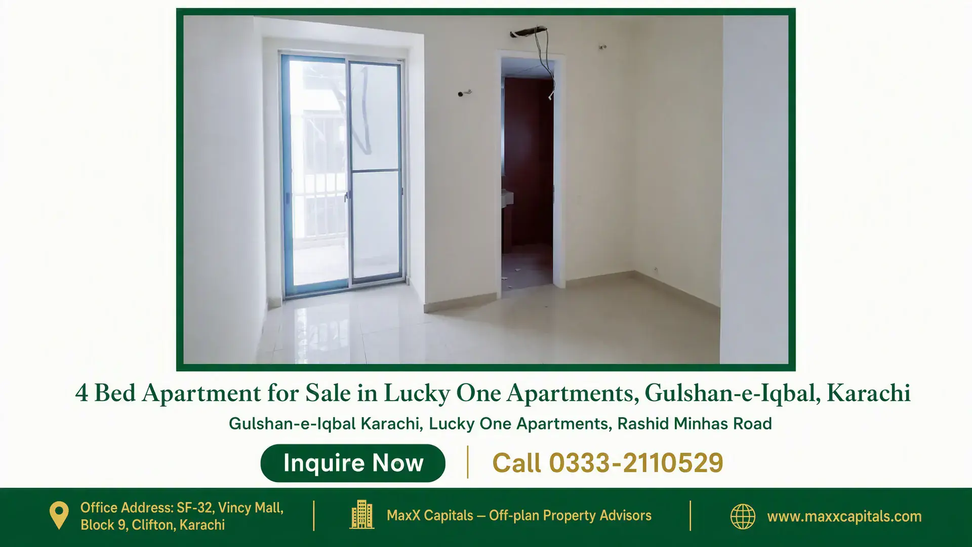 4 Bed Apartment for Sale in Lucky One Apartments, Gulshan-e-Iqbal, Karachi Bright apartment interior with tiled flooring, a sliding glass door leading to a balcony, and an open doorway to an adjacent