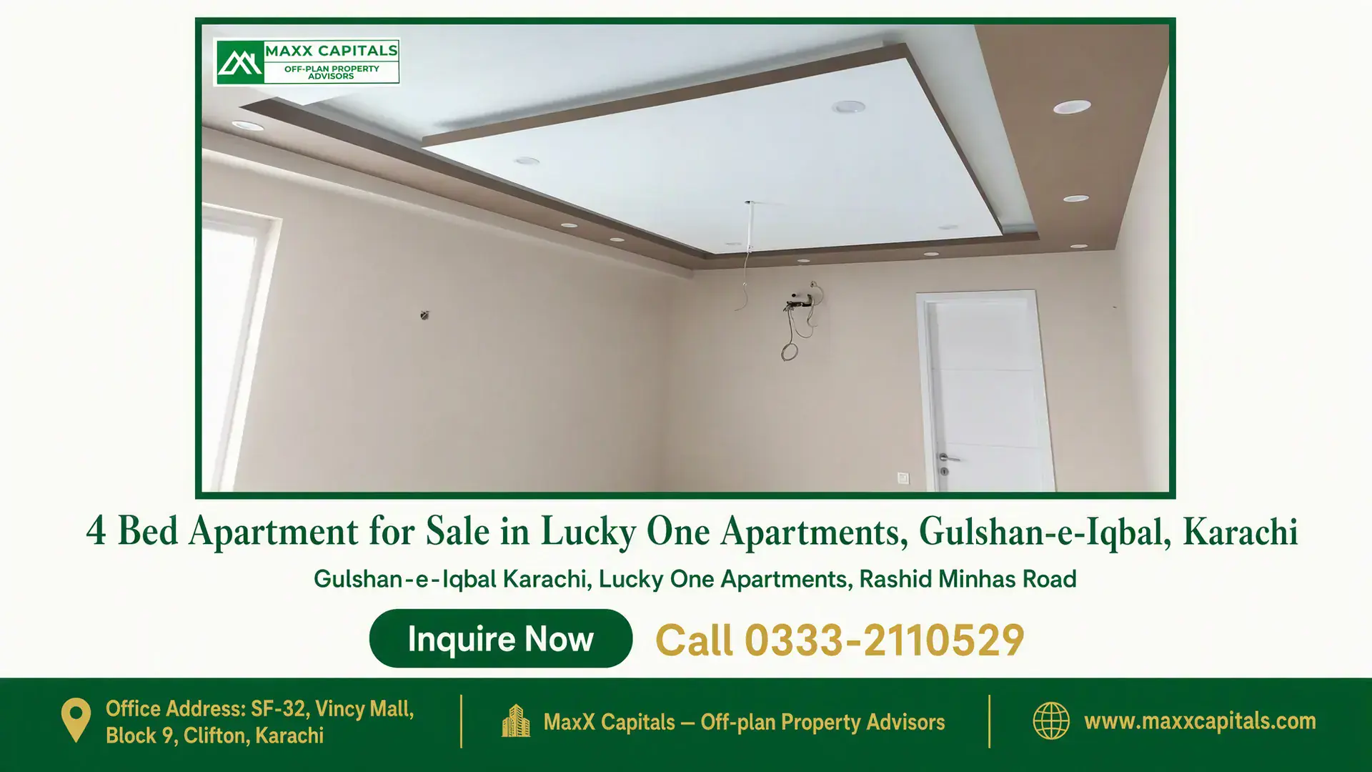 4 Bed Apartment for Sale in Lucky One Apartments, Gulshan-e-Iqbal, Karachi Spacious, well-lit apartment room with modern recessed lighting and a sleek false ceiling in Lucky One Apartments, Karachi.