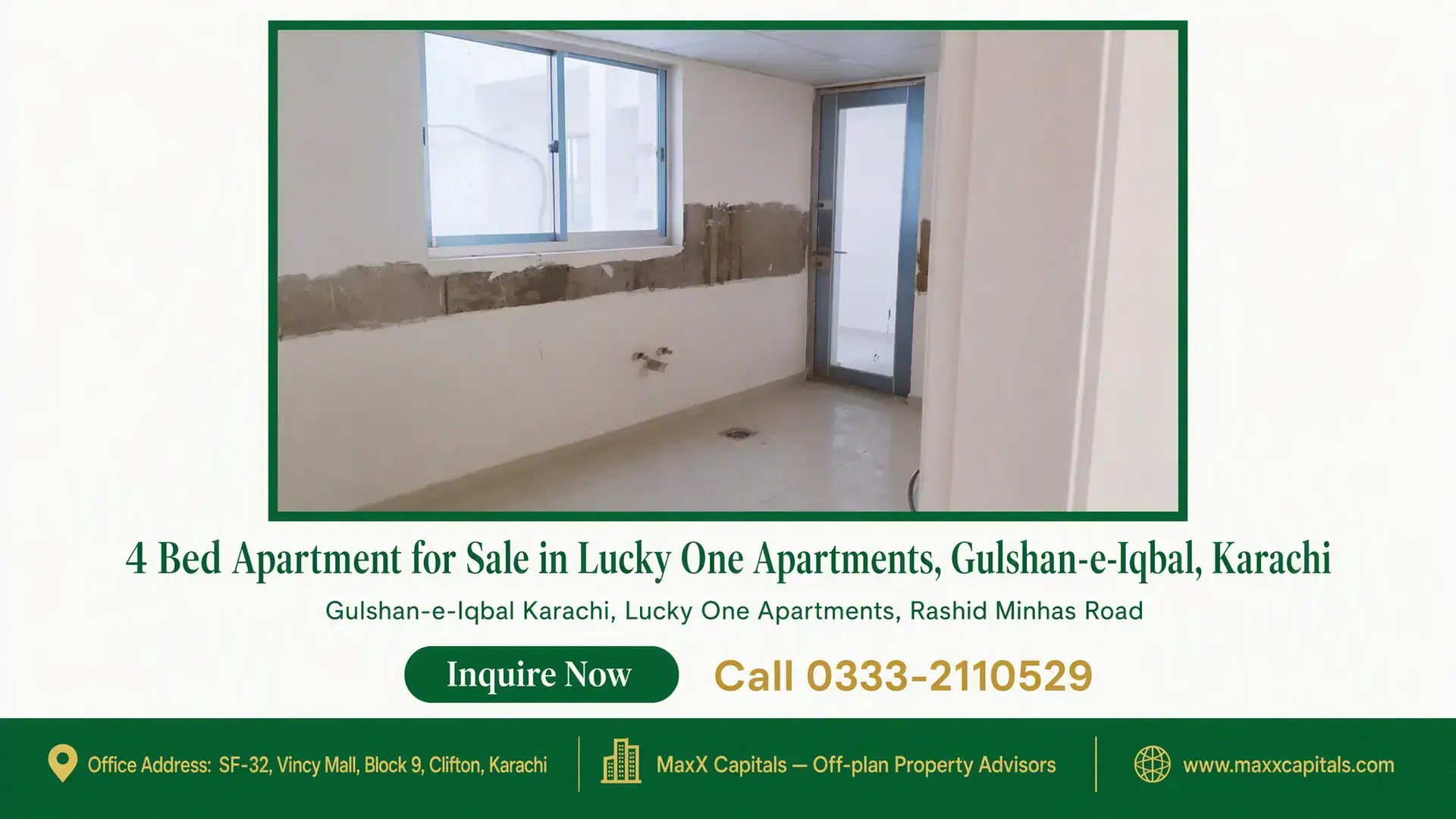 4 Bed Apartment for Sale in Lucky One Apartments, Gulshan-e-Iqbal, Karachi Unfinished room with tiled flooring, large window, and a door in Lucky One Apartments, Gulshan-e-Iqbal, Karachi.