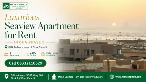 Sunset View Over The Sea With Modern Apartments And Dha Phase 5 Beachfront In Karachi, Highlighting The Seaview Apartment For