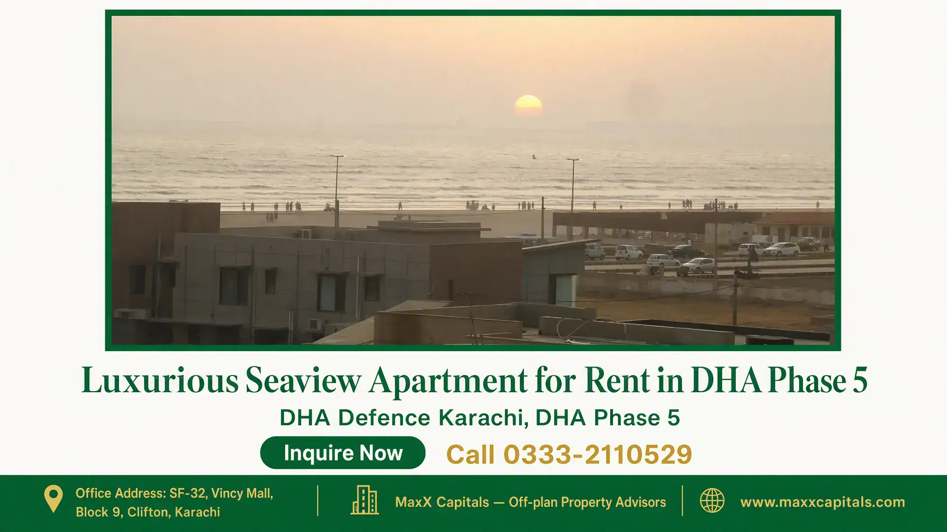 Luxurious Seaview Apartment for Rent in DHA Phase 5 Seaview apartment with sunset view in DHA Phase 5, Karachi, overlooking the beach and nearby residential area.