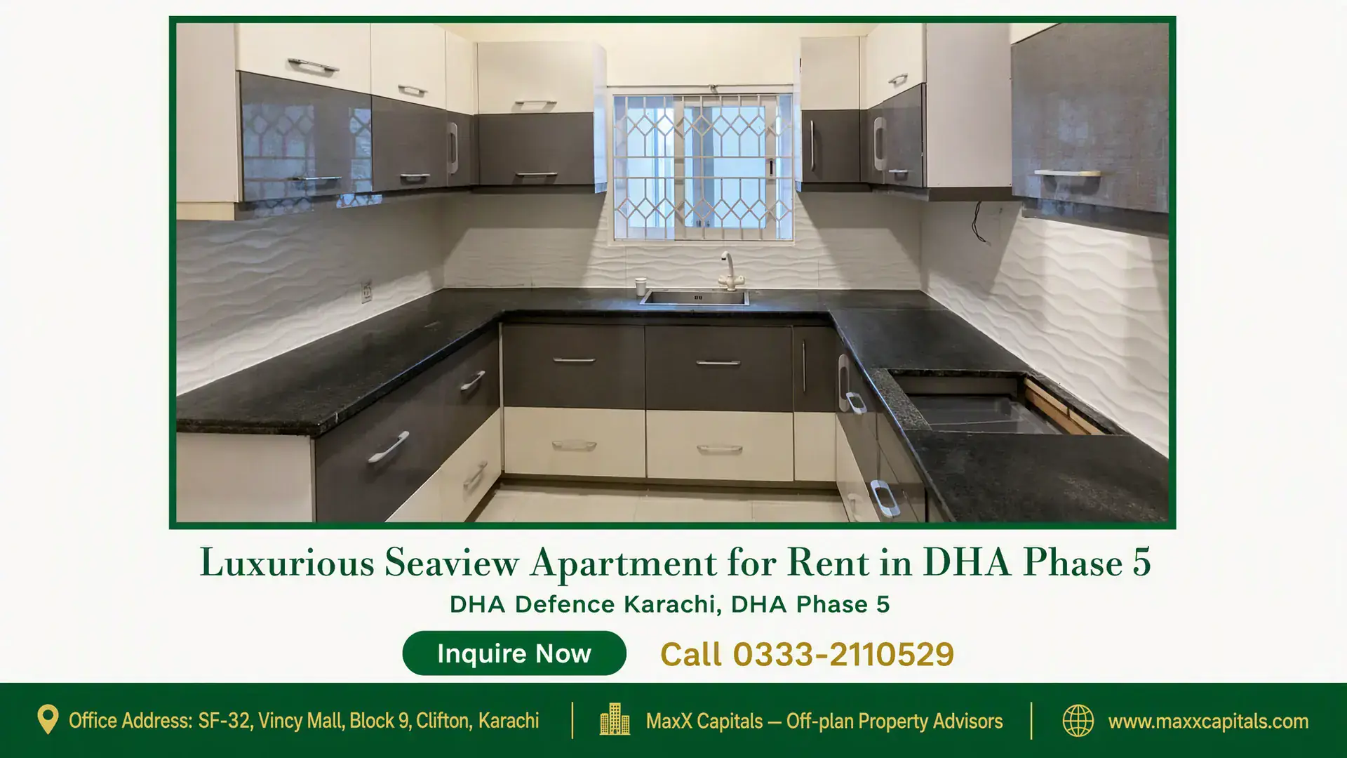 Luxurious Seaview Apartment for Rent in DHA Phase 5 Modern kitchen with black granite countertops, sleek cabinetry, and wave-patterned backsplash in a luxurious seaview apartmen