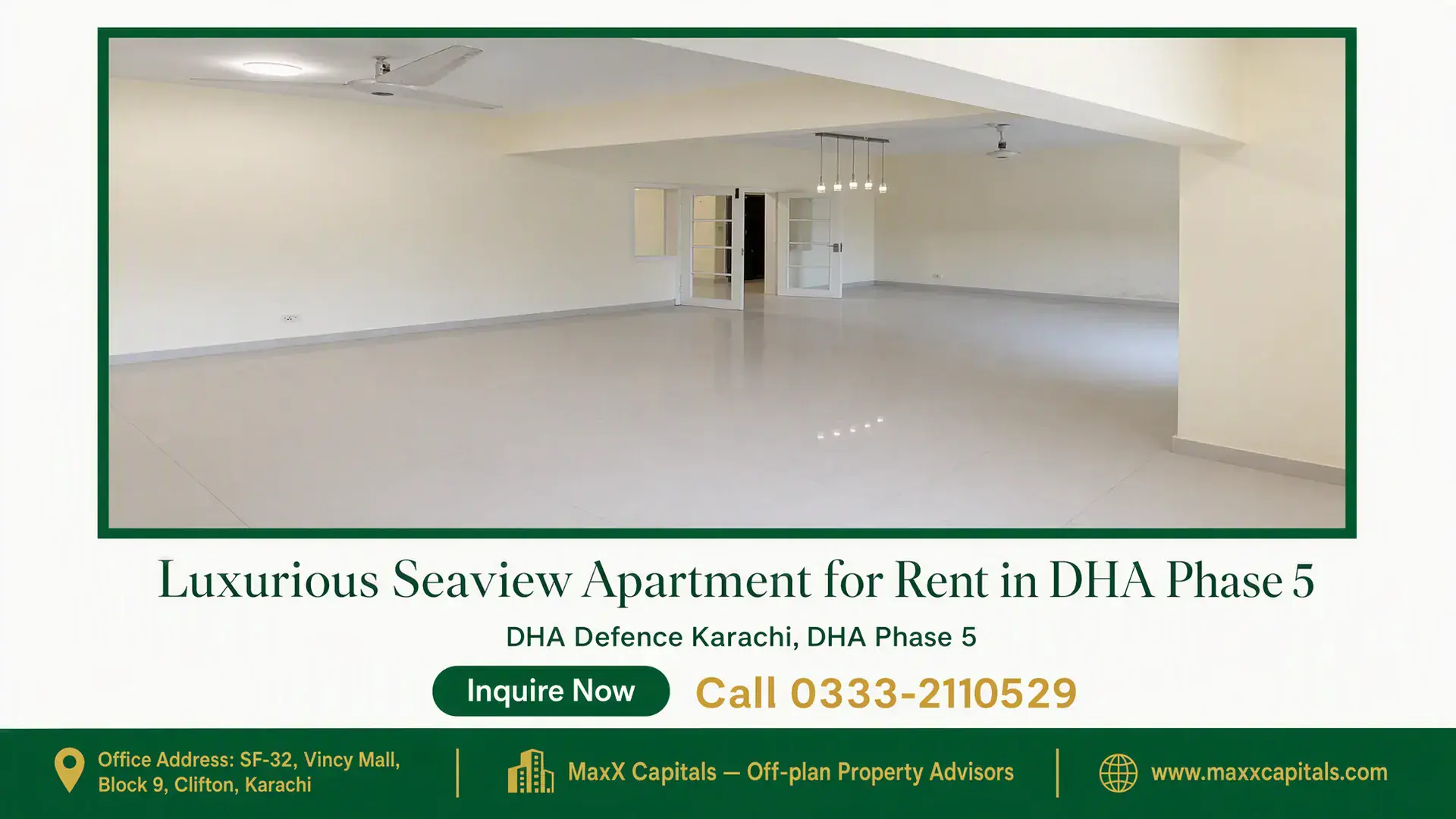 Luxurious Seaview Apartment for Rent in DHA Phase 5 Spacious living area with neutral tones and modern lighting in a luxurious seaview apartment for rent in DHA Phase 5.