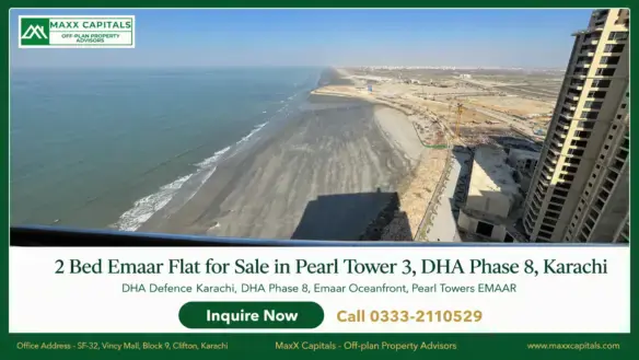 Sea-view from Pearl Tower 3 balcony in Emaar flat for sale, overlooking coastline and tower.