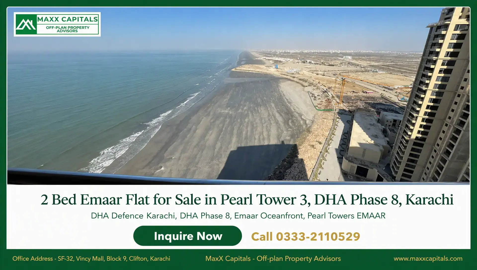 2 Bed Emaar Flat for Sale in Pearl Tower 3, DHA Phase 8, Karachi Sea-view from Pearl Tower 3 balcony in Emaar flat for sale, overlooking coastline and tower.